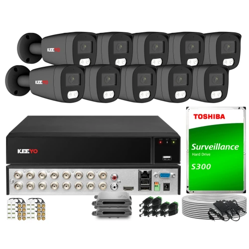 The image shows a comprehensive surveillance system package, including ten black Keeyo security cameras and a central recording unit. Also included are a Toshiba S300 hard drive, various cables, connectors, and mounting accessories for complete installation.