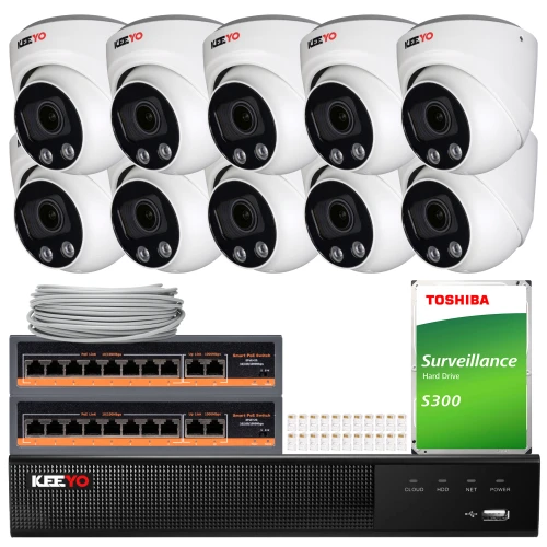 The image shows a comprehensive surveillance system package, including eight dome cameras, a network video recorder, a Toshiba surveillance hard drive, and necessary cables and connectors. This setup is designed for robust security monitoring, providing high-quality video capture and storage solutions.