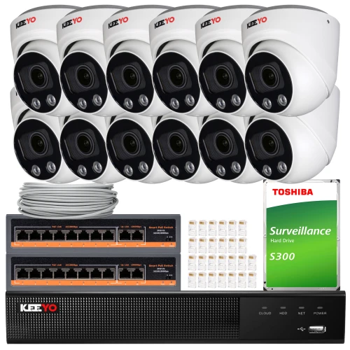 The image shows a comprehensive surveillance system package, including ten dome security cameras, a network video recorder, and a Toshiba surveillance hard drive. Also included are network cables and connectors for complete installation.