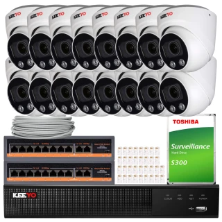 The image shows a comprehensive surveillance system package featuring multiple Keeyo security cameras, a network video recorder, and a Toshiba surveillance hard drive. The set includes cables and connectors, providing a complete solution for monitoring and recording.