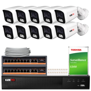 The image shows a comprehensive surveillance system package, including ten white security cameras, a Toshiba S300 surveillance hard drive, two network switches, a DVR, and a bundle of cables. This setup is designed for extensive monitoring needs, providing high-quality video capture and reliable data storage.