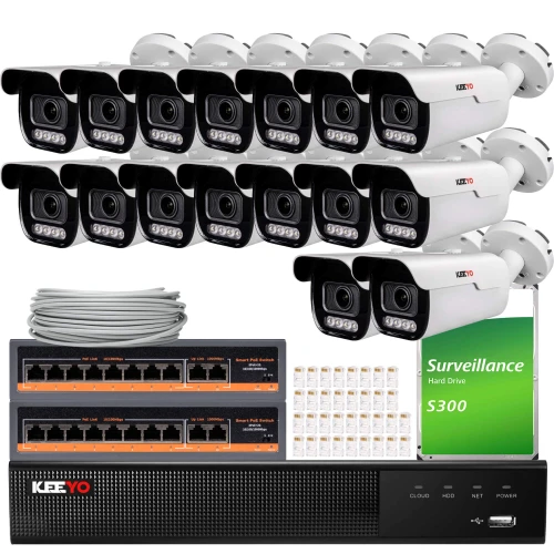 The image shows a comprehensive surveillance system package, including multiple white security cameras, a network video recorder, and a surveillance hard drive. Also included are network cables and connectors, providing a complete setup for monitoring and security purposes.