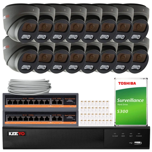 The image shows a comprehensive surveillance system package, including multiple dome cameras, a network video recorder, a Toshiba surveillance hard drive, Ethernet cables, and connectors. This setup is designed for extensive security monitoring, providing high-quality video capture and storage solutions.
