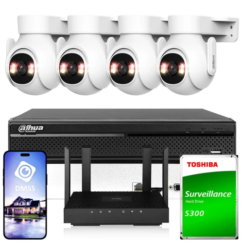 The image shows a comprehensive Wi-Fi surveillance system featuring four white dome cameras, a central recording unit, and a Toshiba surveillance hard drive. A smartphone displaying a security app interface is also included, highlighting remote monitoring capabilities.