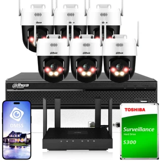 The image shows a comprehensive Wi-Fi surveillance system, including six dome cameras, a network video recorder, a router, and a Toshiba surveillance hard drive. The setup is designed for efficient and reliable monitoring, with a smartphone app interface displayed for remote access.