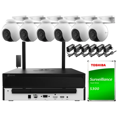 The image shows a comprehensive Wi-Fi surveillance system featuring six dome cameras, a central recording unit, and a Toshiba S300 surveillance hard drive. The cameras are designed for ceiling mounting, and the set includes necessary power adapters for installation.