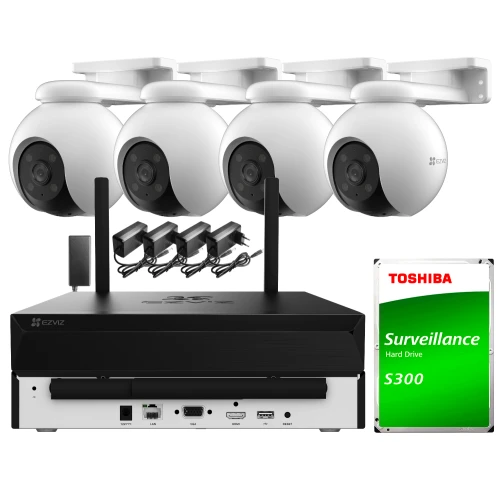 The image shows a Wi-Fi surveillance system featuring four dome cameras and a central recording unit with multiple connectivity ports. Included are power adapters for each camera and a Toshiba S300 surveillance hard drive for data storage.