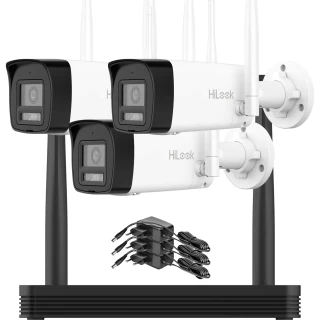 The image shows a Wi-Fi surveillance kit featuring four white and black security cameras with antennas, designed for outdoor use. Included in the set are a network video recorder and power adapters, providing a comprehensive home monitoring solution.