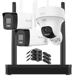 The image shows a Wi-Fi surveillance system featuring two bullet cameras and one dome camera, all in a sleek black and white design. The set includes a network video recorder and multiple power adapters, ideal for comprehensive security monitoring.