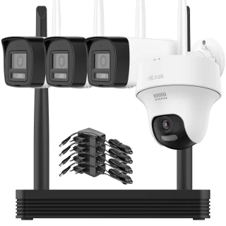 The image shows a Wi-Fi surveillance system featuring three black and white cameras and a dome camera, all mounted on a sleek black base. Included are multiple power adapters, highlighting the system's comprehensive setup for security monitoring.