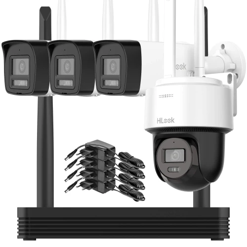The image shows a Wi-Fi surveillance system featuring four black and white security cameras and a central control unit. Included are multiple power adapters, highlighting the system's comprehensive setup for home or business monitoring.