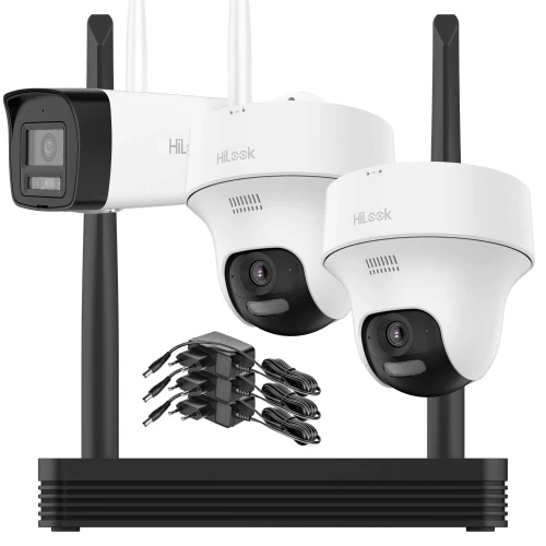 The image shows a Wi-Fi surveillance system featuring two dome cameras and one bullet camera, all in a sleek black and white design. Included are a network video recorder and multiple power adapters, providing a comprehensive security solution.