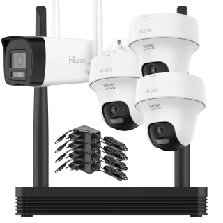 The image shows a Wi-Fi surveillance system featuring a set of three dome cameras and one bullet camera, all in a sleek white design. Included in the package are a network video recorder and multiple power adapters, providing a comprehensive security solution.