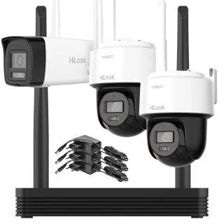 The image shows a Wi-Fi surveillance kit featuring two dome cameras and one bullet camera, all branded with "HiLook." The set includes a network video recorder and multiple power adapters, designed for comprehensive security monitoring.