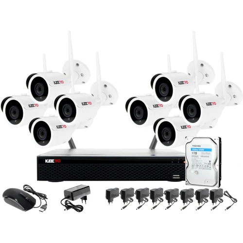 The image shows a comprehensive WiFi surveillance kit featuring eight white security cameras with antennas, a central recording unit, and a 1TB hard drive. Included are multiple power adapters and a computer mouse for easy setup and operation.