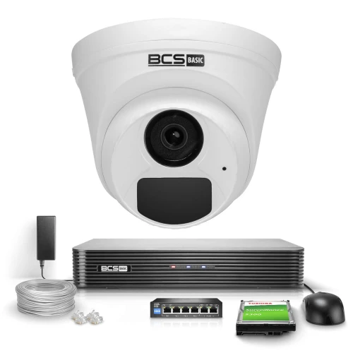 The image shows a comprehensive surveillance system package, including a white dome security camera, a digital video recorder, a power adapter, cables, a network switch, and a hard drive. The components are arranged neatly, highlighting the complete setup for efficient monitoring.