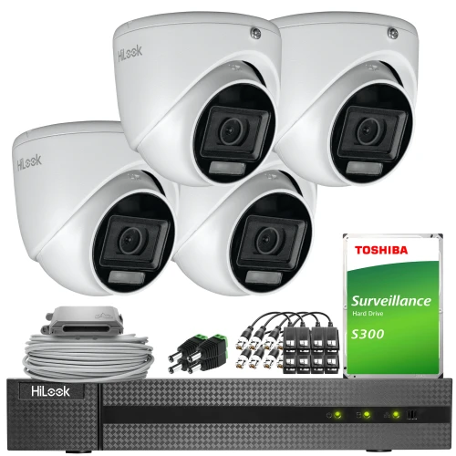 The image shows a comprehensive surveillance system package, including four dome cameras, a digital video recorder, and a Toshiba surveillance hard drive. Additional accessories such as cables, connectors, and a power supply are also included.