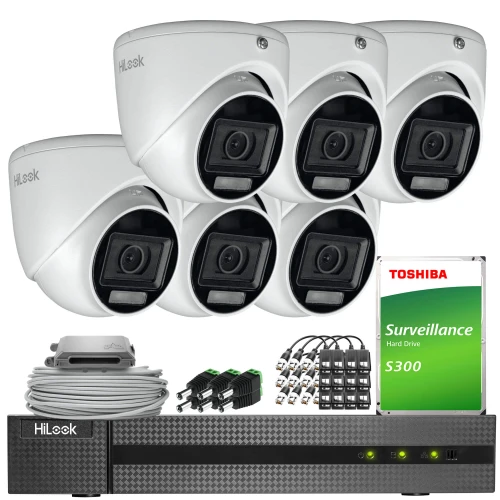 The image shows a comprehensive surveillance system package, including six white dome cameras, a digital video recorder, and a Toshiba surveillance hard drive. Additional components include cables, connectors, and a power supply unit, all designed for efficient security monitoring.