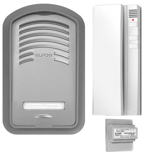 The image shows an analog intercom set featuring a sleek, modern outdoor panel with a speaker and nameplate slot, alongside a matching indoor handset with a minimalist design. The set also includes a compact power supply unit for easy installation.