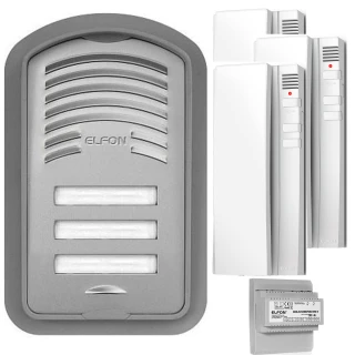 The image shows an analog intercom set featuring a sleek, silver outdoor panel with three buttons and a speaker grille. Accompanying the panel are three white indoor handsets and a compact control unit.