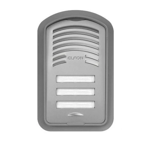 The image shows a sleek, silver analog intercom system with a curved top and three white buttons for user interaction. The device features a modern design with a prominent speaker grille and the brand name "Elfon" embossed on the front.