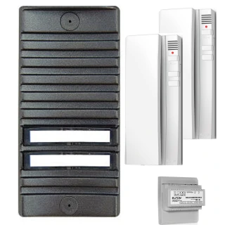 The image shows an analog intercom set featuring a sleek black outdoor panel with two buttons and two modern white indoor units. Additionally, a compact control module is included, designed for efficient home communication.