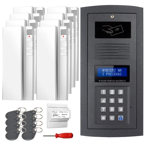The image shows a digital intercom set featuring a sleek black keypad panel with a display screen and multiple white indoor units. Included are several key fobs, a screwdriver, and an electronic module for installation.