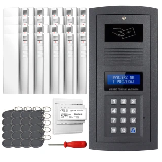 The image shows a digital intercom set featuring a sleek black keypad panel with a display screen and RFID reader. Included are multiple key fobs, a screwdriver, and additional electronic components for installation.