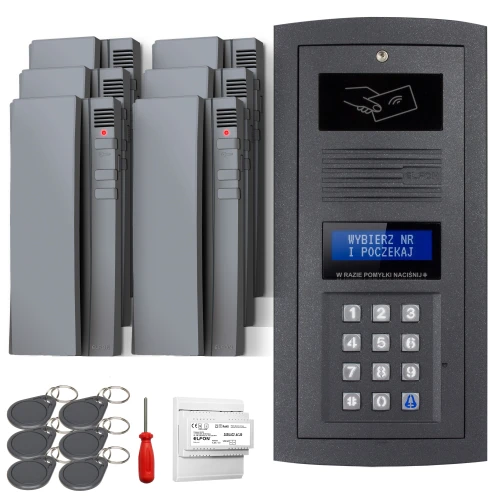 Digital intercom set featuring a sleek keypad panel with a display and multiple RFID key fobs for secure access. Includes a screwdriver and additional components for installation.