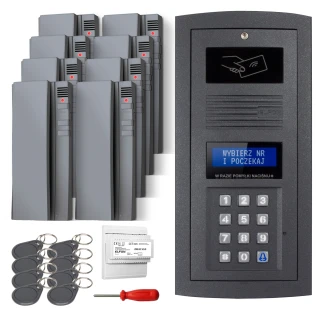 The image shows a digital intercom set featuring a sleek, black keypad panel with a display screen and RFID reader. Included are multiple key fobs, a screwdriver, and additional components for installation.