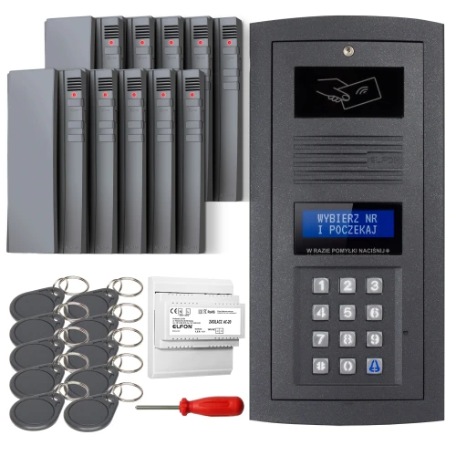 The image shows a digital intercom set featuring a sleek black keypad panel with a display screen and RFID card reader. Included are multiple key fobs, a screwdriver, and additional electronic components for installation.