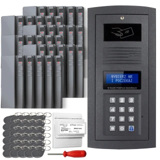 The image shows a digital intercom set featuring a sleek, black keypad panel with a display screen and multiple key fobs. Included are several indoor units, a power supply, and a screwdriver for installation.
