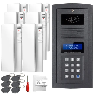 The image shows a digital intercom set featuring a sleek black keypad panel with a display screen and multiple white indoor units. Included are key fobs, a screwdriver, and an electronic module for installation.