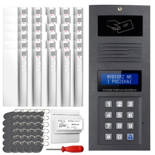 The image shows a digital intercom set featuring a sleek keypad panel with a display screen and touchless access symbol. Included are multiple key fobs, a screwdriver, and additional components for installation.