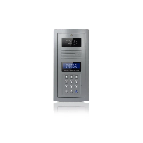 A sleek, silver digital intercom system featuring a numeric keypad and a small display screen. The device is designed for secure entry access, with a modern and durable finish.