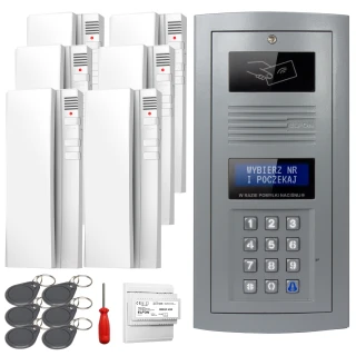The image shows a digital intercom set featuring a sleek, gray control panel with a keypad and display screen, accompanied by six white indoor units. Additional accessories include key fobs, a screwdriver, and a power supply module.