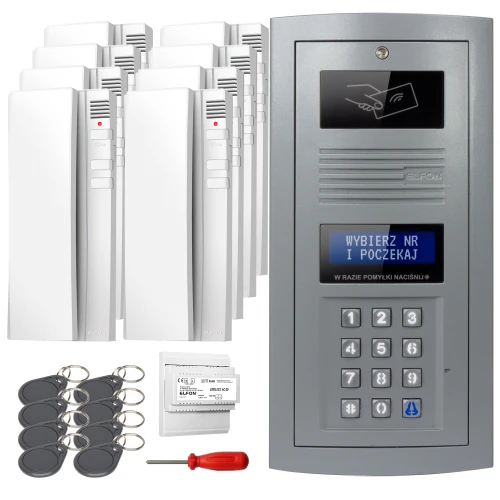 The image shows a digital intercom set featuring a sleek, metallic keypad panel with a display screen and multiple white indoor units. Included are key fobs, a screwdriver, and an electronic module for installation.