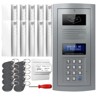 The image shows a digital intercom set featuring a sleek, metallic control panel with a keypad and display screen, accompanied by multiple white indoor units. Included are several key fobs, a screwdriver, and an installation manual, providing a comprehensive solution for secure building access.