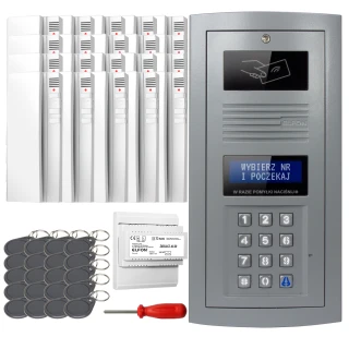The image shows a digital intercom set featuring a sleek, gray control panel with a keypad and display screen. Included are multiple key fobs, a screwdriver, and additional components for installation.