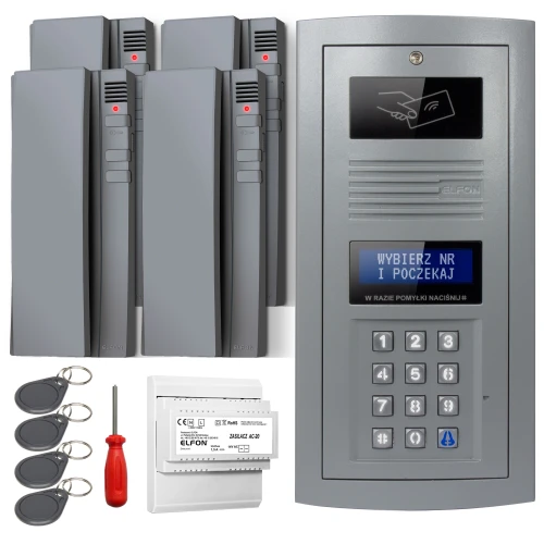 Digital intercom set featuring a sleek keypad panel with a display and four matching handsets. Includes key fobs, a screwdriver, and a power supply unit for easy installation.