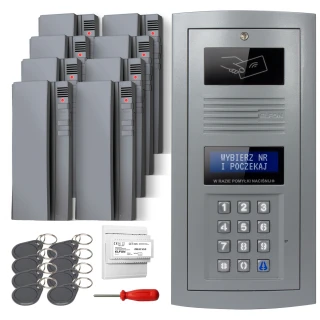 The image shows a digital intercom set featuring a sleek, metallic keypad panel with a display screen and RFID card reader. Included are multiple RFID key fobs, a screwdriver, and additional components for installation.