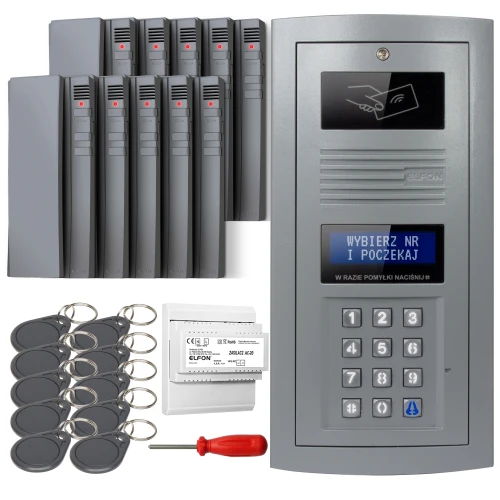 The image shows a digital intercom set featuring a sleek, metallic keypad panel with a display screen and multiple key fobs for access control. Included are several gray intercom handsets, a screwdriver, and an electronic module for installation.