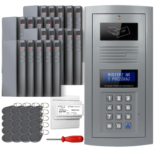 The image shows a digital intercom set featuring a sleek, metallic keypad panel with a display screen for entering codes. Included are multiple key fobs, a screwdriver, and additional components for installation.