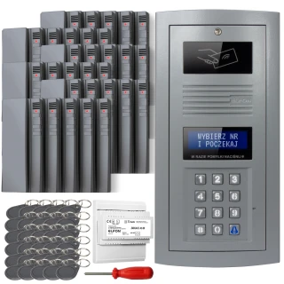 The image shows a digital intercom set featuring a sleek, gray control panel with a keypad and display screen, accompanied by multiple key fobs for access. Additional components include a screwdriver and a power supply unit, highlighting the complete installation kit.
