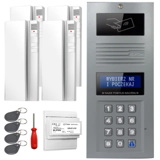 The image shows a digital intercom set featuring a sleek metallic keypad panel with a display screen and four white indoor units. Included are four key fobs, a screwdriver, and a power supply module.