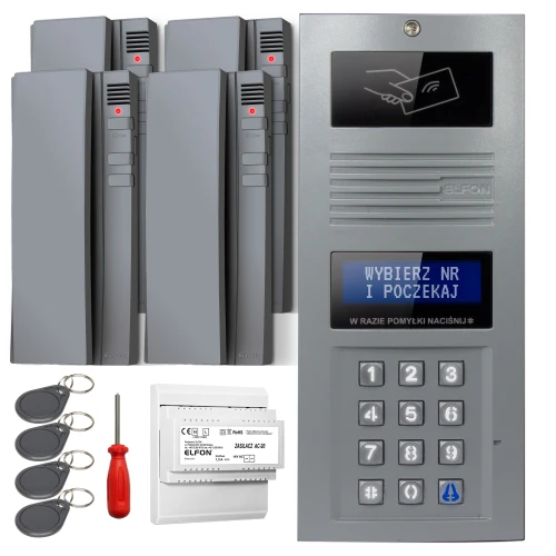Digital intercom set featuring a sleek keypad panel with a display and four matching handsets. Includes key fobs, a screwdriver, and an additional module for enhanced functionality.