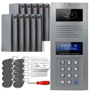 The image shows a digital intercom set featuring a sleek keypad panel with a display screen and multiple key fobs for access. Included are several modules, a screwdriver, and an electronic control unit, all designed for secure entry management.