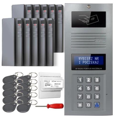 Digital intercom set featuring a keypad, RFID key fobs, and a screwdriver for installation. Includes multiple RFID card readers for secure access control.