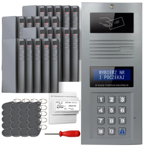 The image shows a digital intercom set featuring a sleek keypad panel with a display screen and multiple key fobs for access. Included are several wiring components and a screwdriver, indicating a complete installation kit.