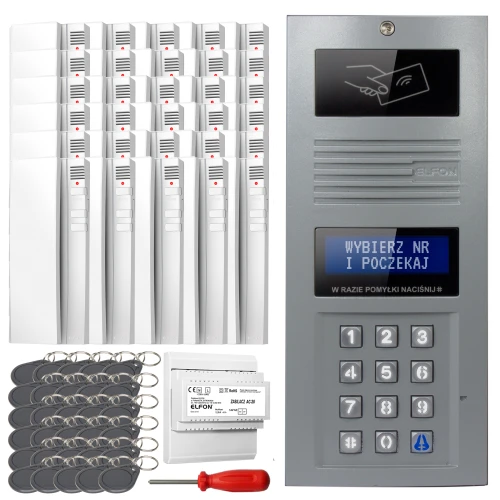 The image shows a digital intercom set featuring a sleek keypad panel with a display screen and multiple white indoor units. Included are several key fobs, a screwdriver, and an electronic module for installation.
